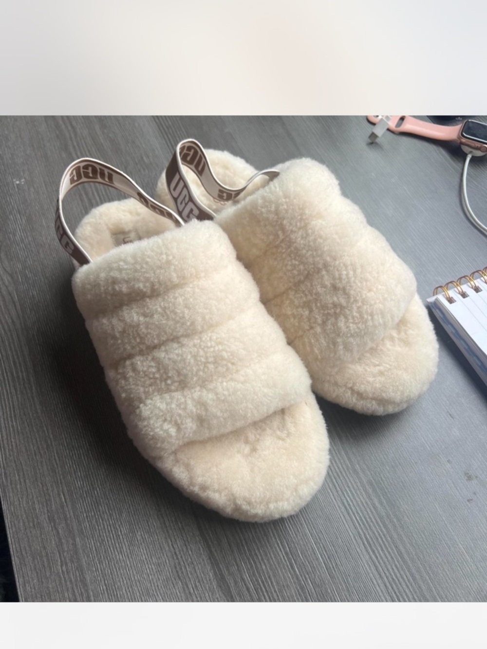 UGG Cream Faux Shearling Slide with Branded Elastic Heel